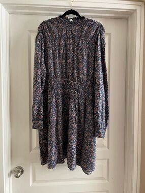 Floral Long-Sleeve Smocked Waist Mini Dress - Navy Pink